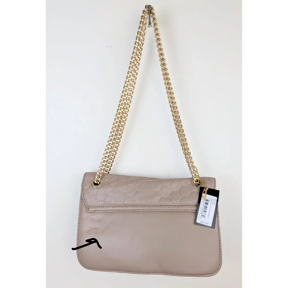 Bebe Shoulder Crossbody Bag Stone Tan Quilted Faux Leather Gold Chain Strap NEW